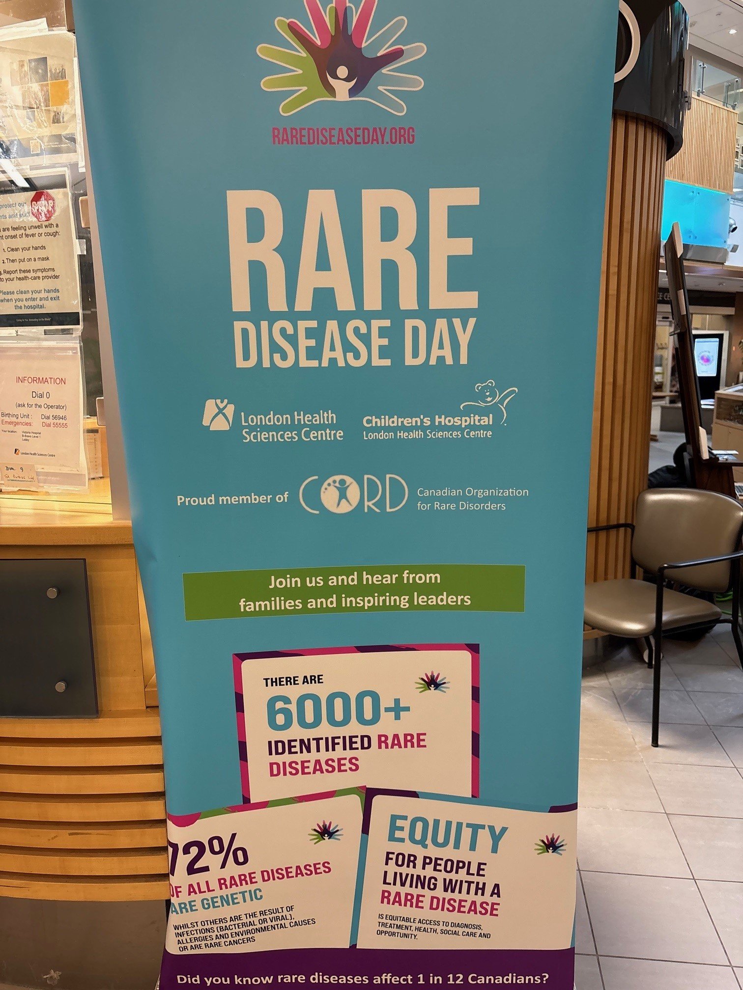Rare Disease Day banner at London Health Sciences Centre. Photo courtesy of Cara Grobbecker.